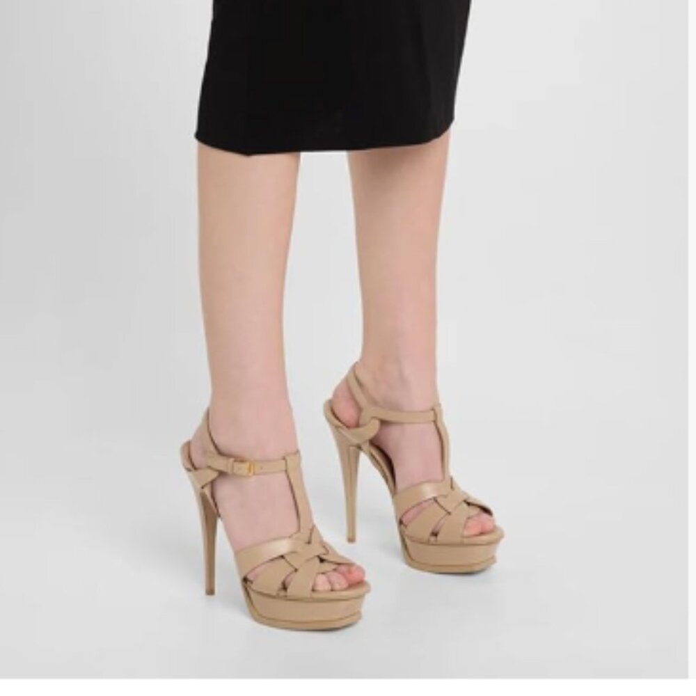 FSJ Nude T-Strap Platform Sandals Peep Toe Ankle Strap Stiletto Heels Shoes